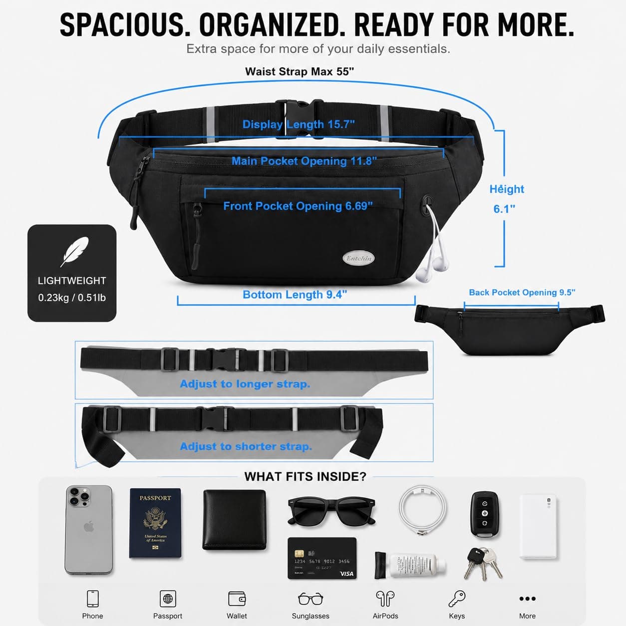 Entchin waist bag with organized zipper compartments