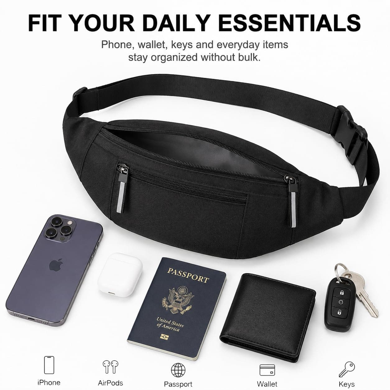 Lightweight Belt Bag with 2 Zipper Pockets